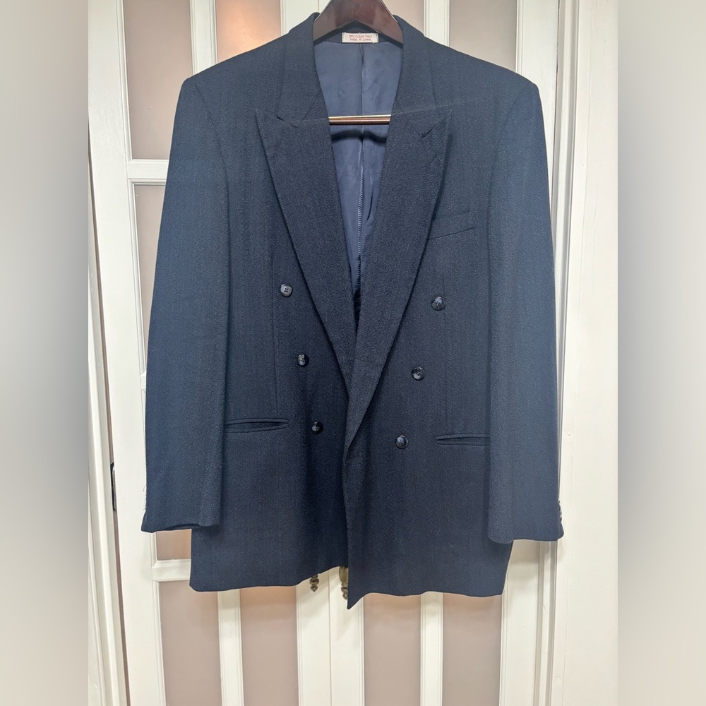 Oscar de la Renta Double Breasted Coat Navy Tailored Made in USA Size 42 L